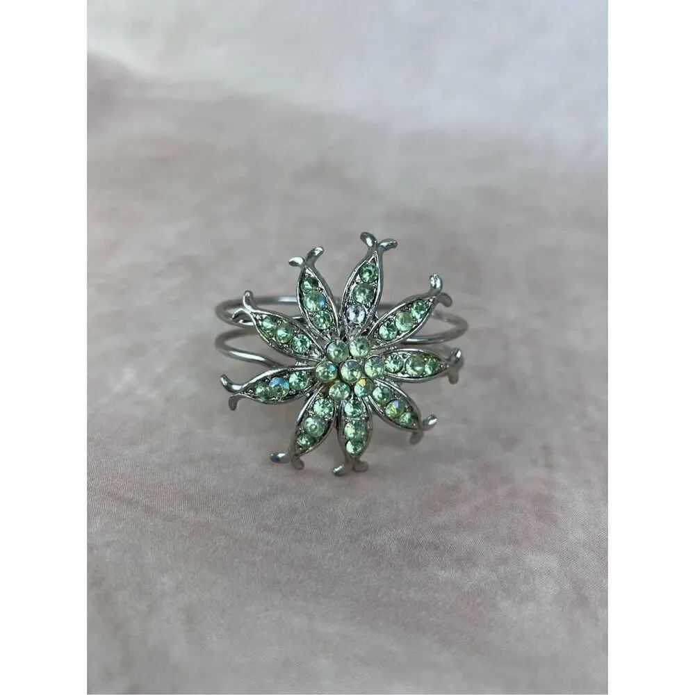 Vintage Hinged Silvertone Bracelet with Green Stones